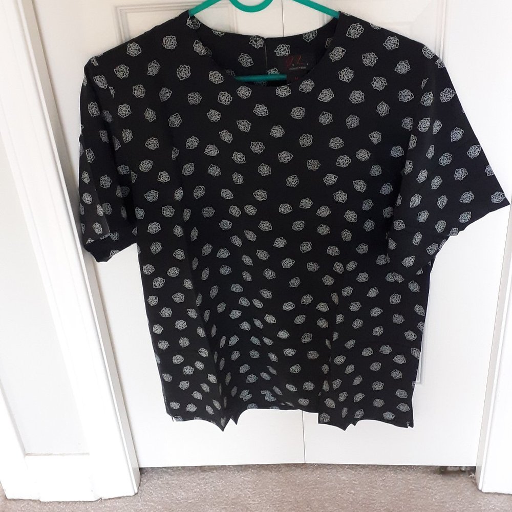 Black 100% silk top, white floral pattern, size M